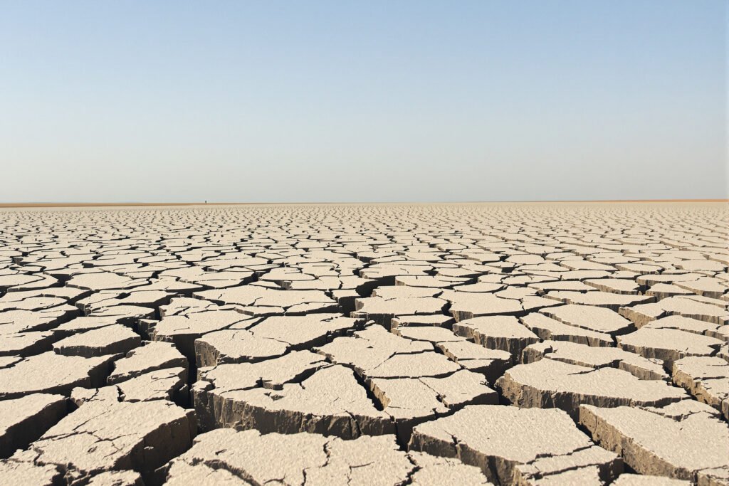 Lecho de río europeo agrietado por la sequía extrema del verano 2026.