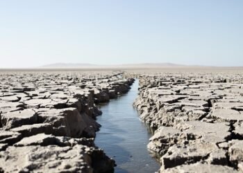 Lecho seco y agrietado de un río europeo durante sequía extrema, con barcos varados en el horizonte.
