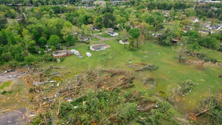 Paisaje rural con restos de un tornado, árboles caídos y viviendas dañadas tras un fenómeno meteorológico extremo.