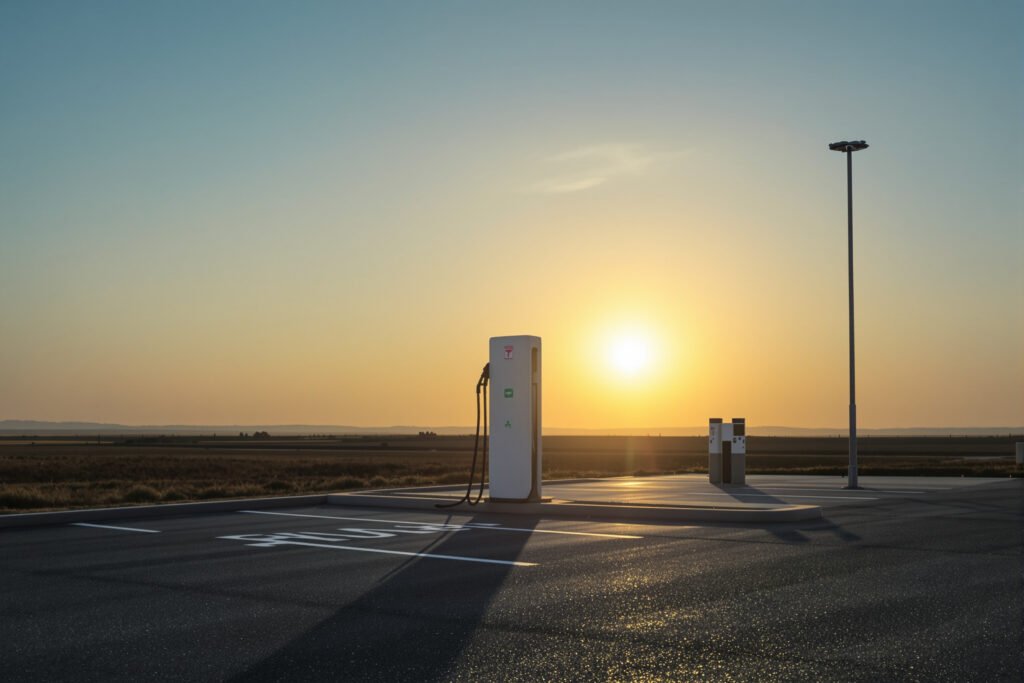 Estación de carga para vehículos eléctricos al atardecer, símbolo de la transición hacia movilidad de bajas emisiones.