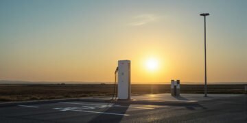 Estación de carga para vehículos eléctricos al atardecer, símbolo de la transición hacia movilidad de bajas emisiones.