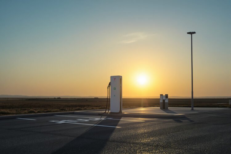 Estación de carga para vehículos eléctricos al atardecer, símbolo de la transición hacia movilidad de bajas emisiones.
