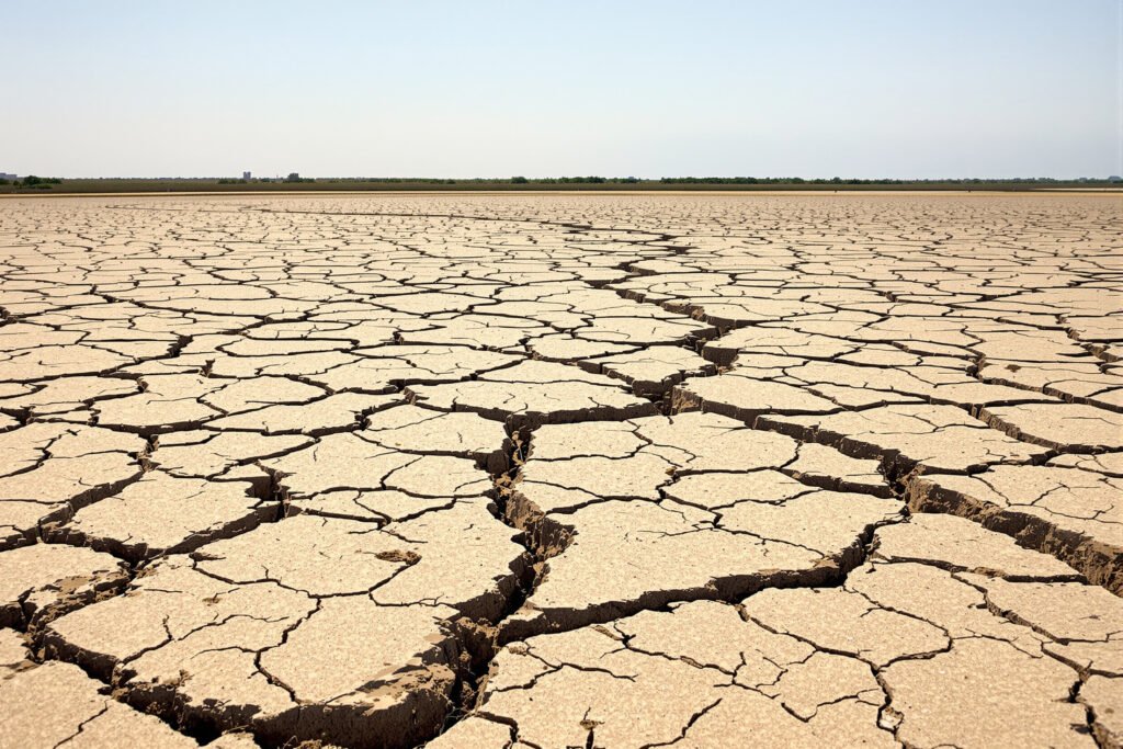 Cauce de río seco con tierra agrietada, consecuencia de la sequía extrema que afectó a los ríos del mundo en 2025.