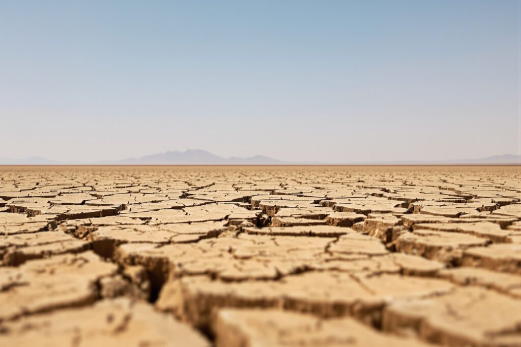 Tierra agrietada por sequía extrema bajo sol intenso, ilustrando el récord de temperatura global de agosto de 2026.