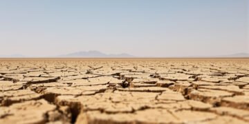Tierra agrietada por sequía extrema bajo sol intenso, ilustrando el récord de temperatura global de agosto de 2026.