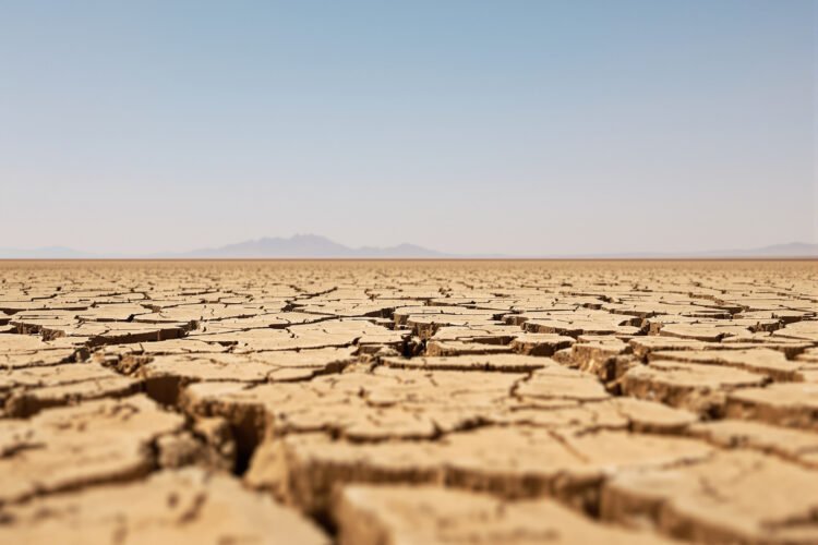 Tierra agrietada por sequía extrema bajo sol intenso, ilustrando el récord de temperatura global de agosto de 2026.