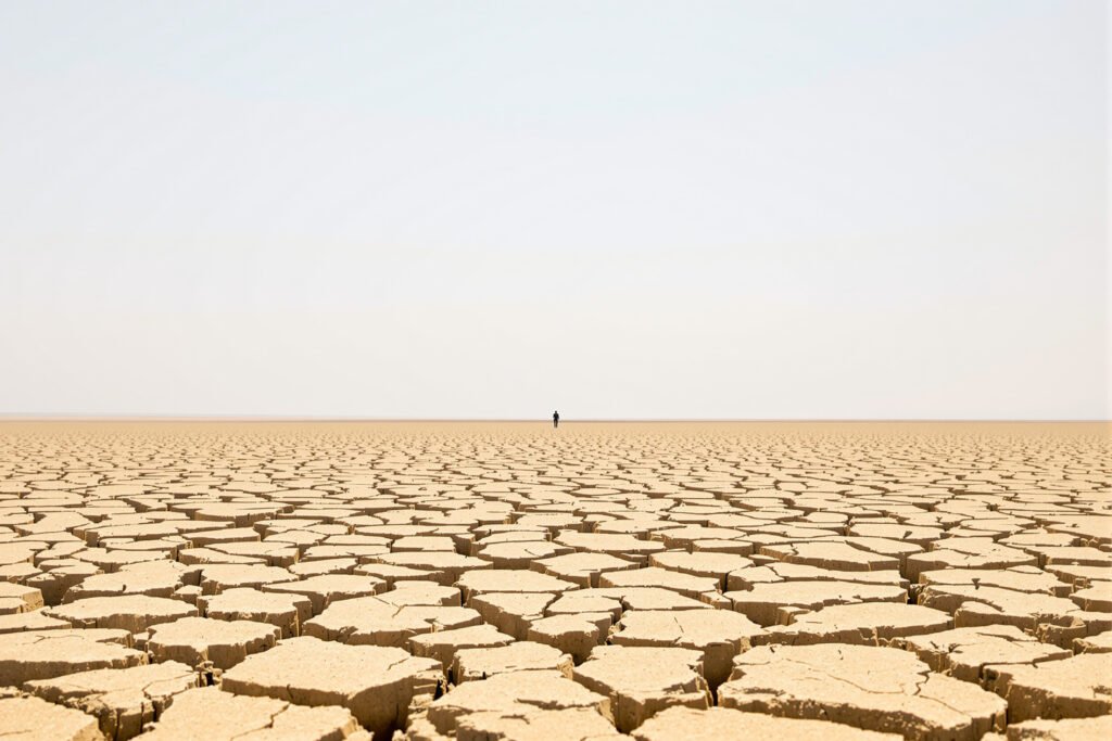 Tierra agrietada por sequía extrema, símbolo del récord de temperatura de agosto 2026.