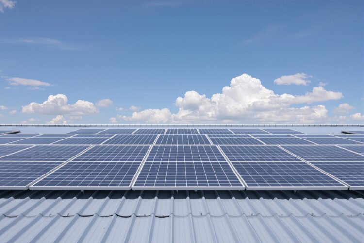 Paneles solares instalados en tejados residenciales bajo cielo nublado en Reino Unido.