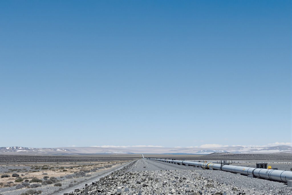 Oleoducto atravesando el paisaje patagónico de Vaca Muerta, donde operan los bancos que financian el RIGI en Argentina.