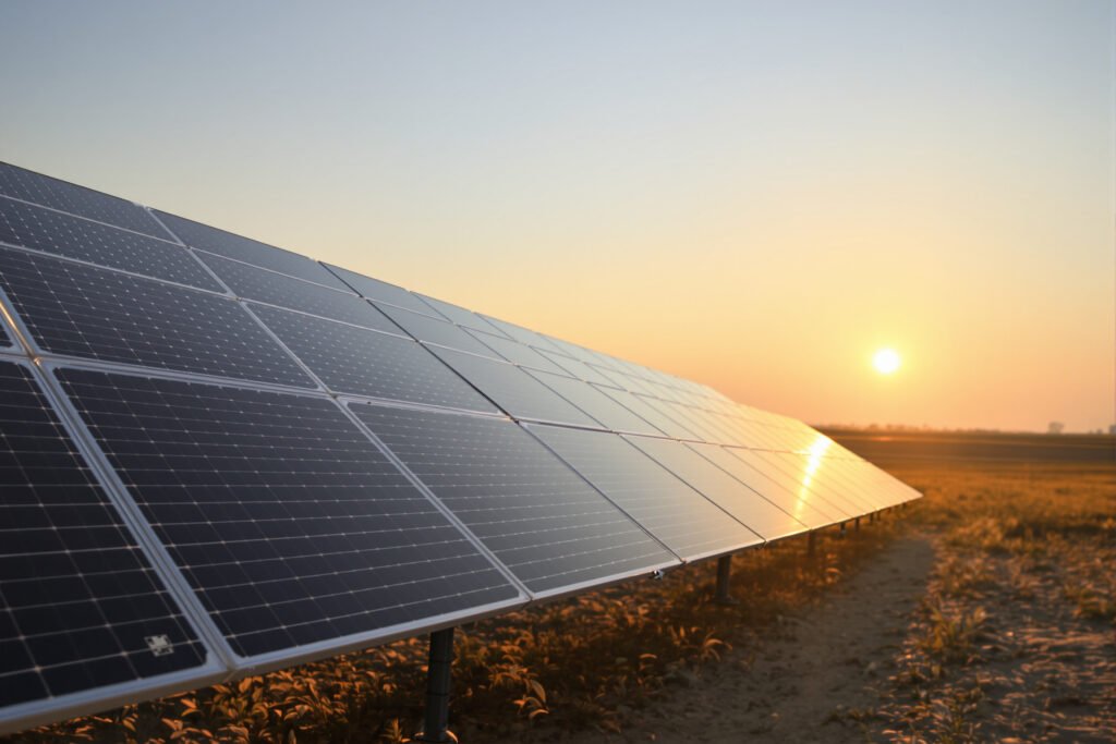 Paneles solares instalados en un campo abierto cerca de infraestructura aeroportuaria al atardecer.