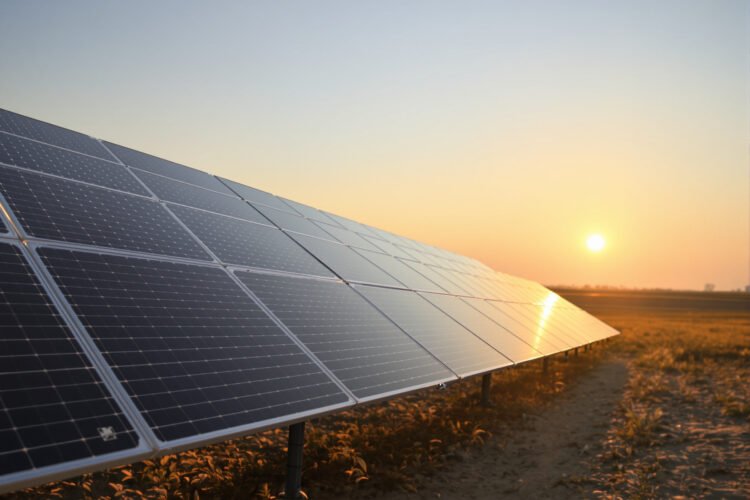 Paneles solares instalados en un campo abierto cerca de infraestructura aeroportuaria al atardecer.