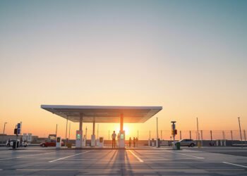 Estación de recarga de vehículos eléctricos en China al atardecer, símbolo de la transición energética del país.