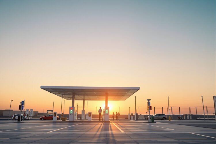 Estación de recarga de vehículos eléctricos en China al atardecer, símbolo de la transición energética del país.