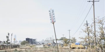 Calle urbana durante una ola de calor extremo con temperaturas récord en verano europeo.