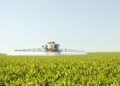 Agricultor fumigando pesticidas en campo de cultivo, escena que se repite en millones de explotaciones agrícolas del mundo.