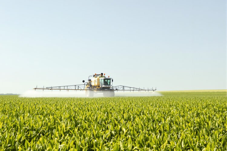 Agricultor fumigando pesticidas en campo de cultivo, escena que se repite en millones de explotaciones agrícolas del mundo.