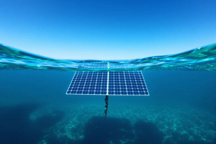 Panel solar bajo el agua con luz azul filtrada por el océano, mostrando tecnología fotovoltaica submarina.