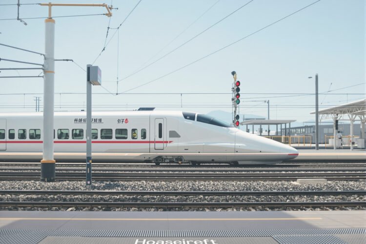 Andén de estación de tren de alta velocidad con vías y cielo despejado.