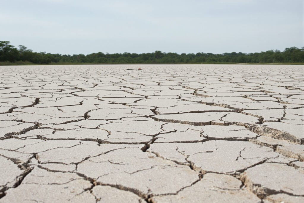 Lecho de río amazónico seco y agrietado por sequía extrema en Perú.