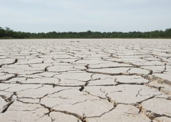 Lecho de río amazónico seco y agrietado por sequía extrema en Perú.