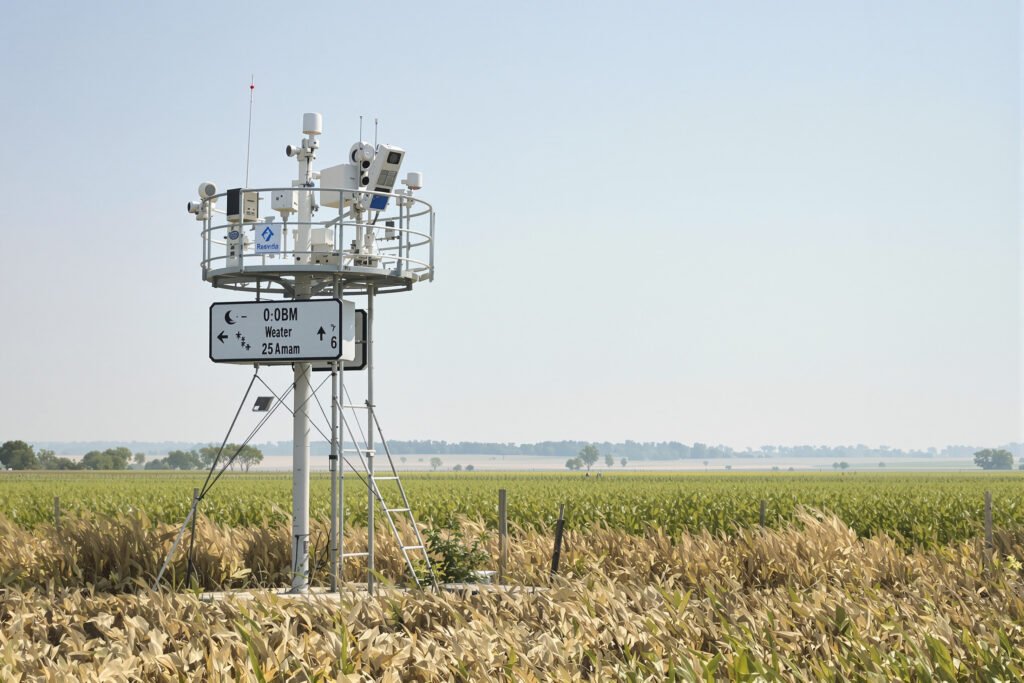 Estación meteorológica comunitaria en paisaje rural latinoamericano donde comunidades generan datos climáticos locales.