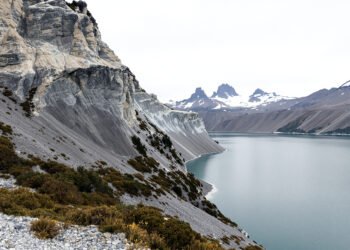 Vista de un desprendimiento de ladera en cerro patagónico junto a un lago, con vegetación arrastrada hacia el agua.