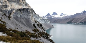 Vista de un desprendimiento de ladera en cerro patagónico junto a un lago, con vegetación arrastrada hacia el agua.