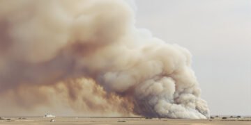 Humo denso elevándose de incendios forestales en paisaje tropical, como los que afectan las turberas de Indonesia.