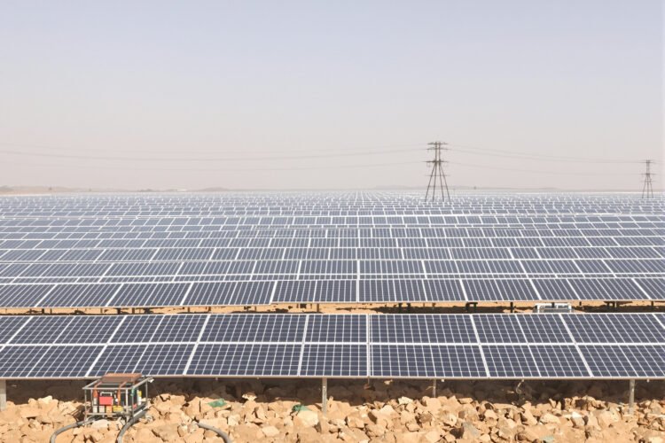 Instalación de paneles solares en Rajasthan, India, donde la energía solar crece un 40% anual.