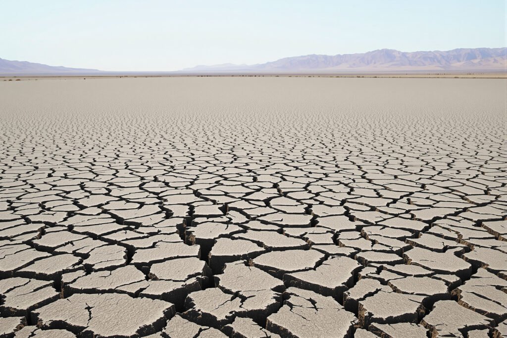 Tierra agrietada por la sequía en un lago seco de Europa durante el verano extremo de 2026.