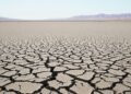 Tierra agrietada por la sequía en un lago seco de Europa durante el verano extremo de 2026.