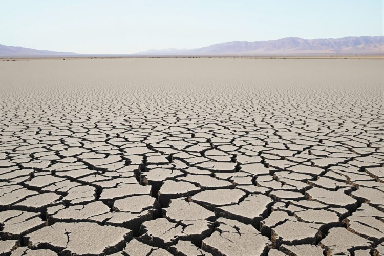 Tierra agrietada por la sequía en un lago seco de Europa durante el verano extremo de 2026.