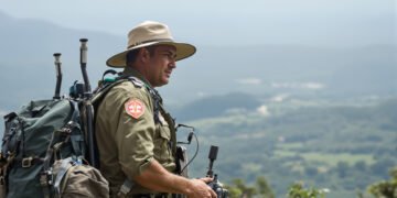 Guardaparque en área protegida de Bolivia realizando tareas de vigilancia en la selva.