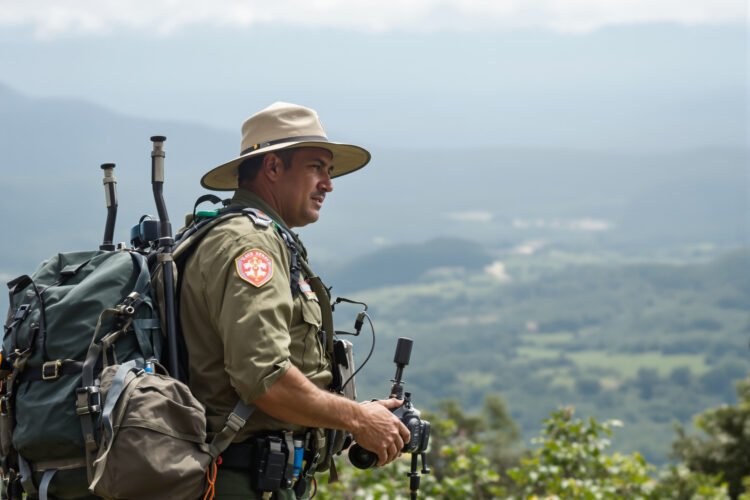 Guardaparque en área protegida de Bolivia realizando tareas de vigilancia en la selva.