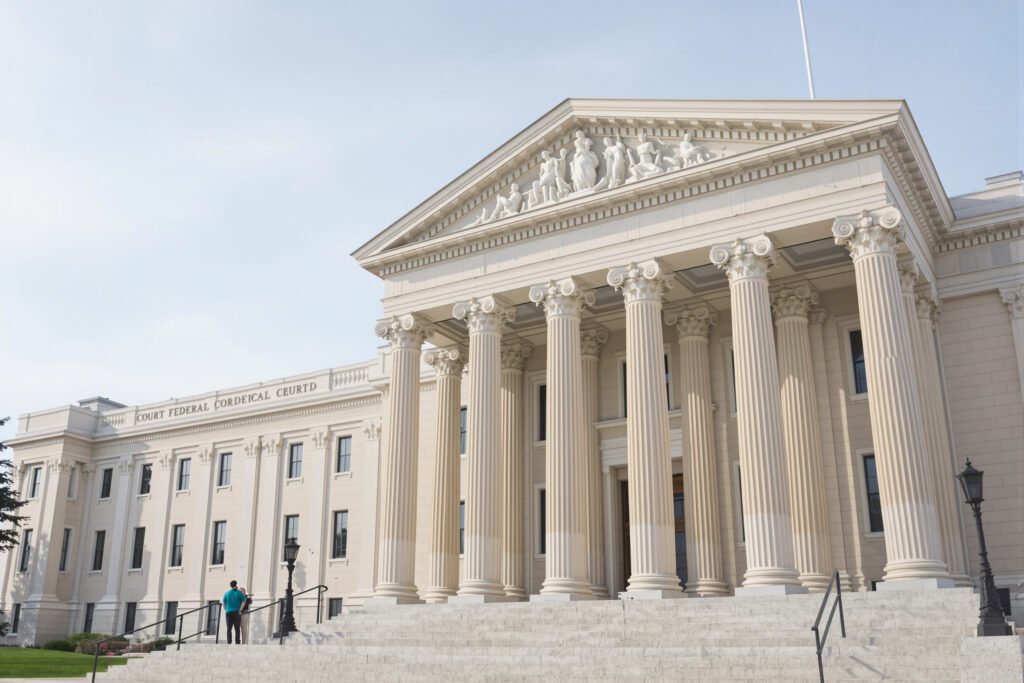 Fachada de un tribunal federal en Estados Unidos, escenario de litigios climáticos contra empresas de combustibles fósiles.