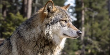 Lobo gris en paisaje boscoso del oeste de Estados Unidos.