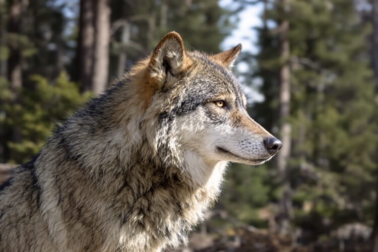 Lobo gris en paisaje boscoso del oeste de Estados Unidos.