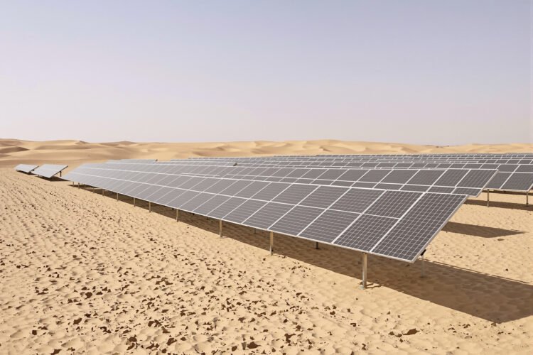 Paneles solares fotovoltaicos instalados en zona desértica de Arabia Saudí, el mayor sistema renovable aislado del mundo.