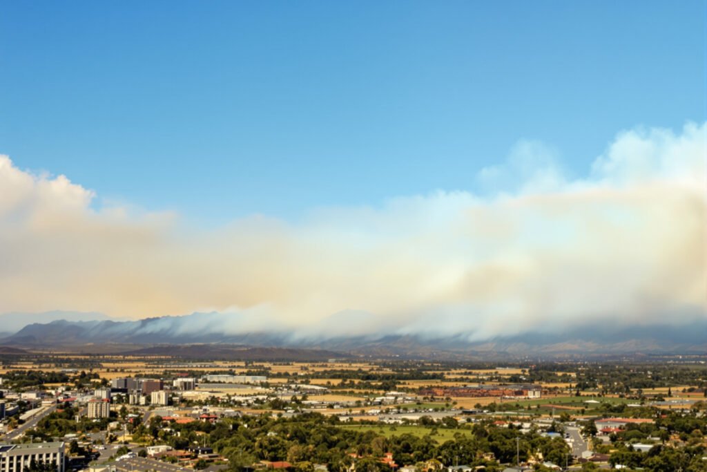 Paisaje post incendio forestal en Hawái con humo residual y vegetación quemada, similar al escenario de Maui tras los incendi