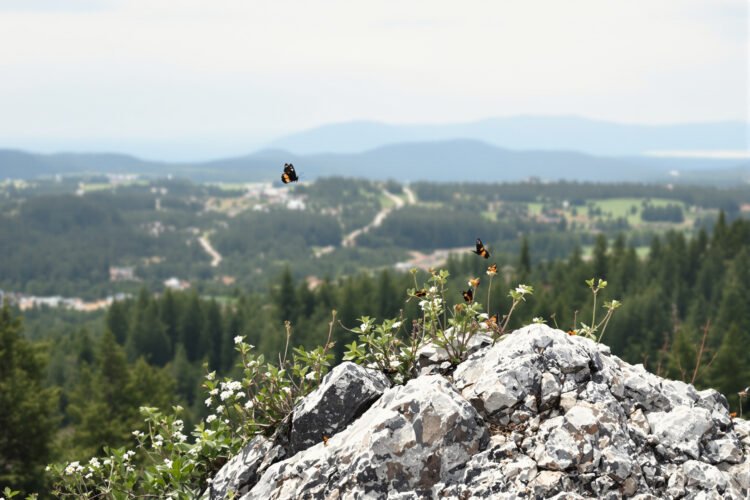 Mariposas reunidas en la cumbre de un bosque de montaña durante el fenómeno de hilltopping en el Monte Mabu, Mozambique.