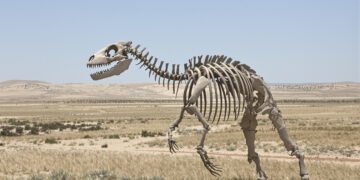 Esqueleto fósil de marsupial prehistórico expuesto en museo de paleontología.