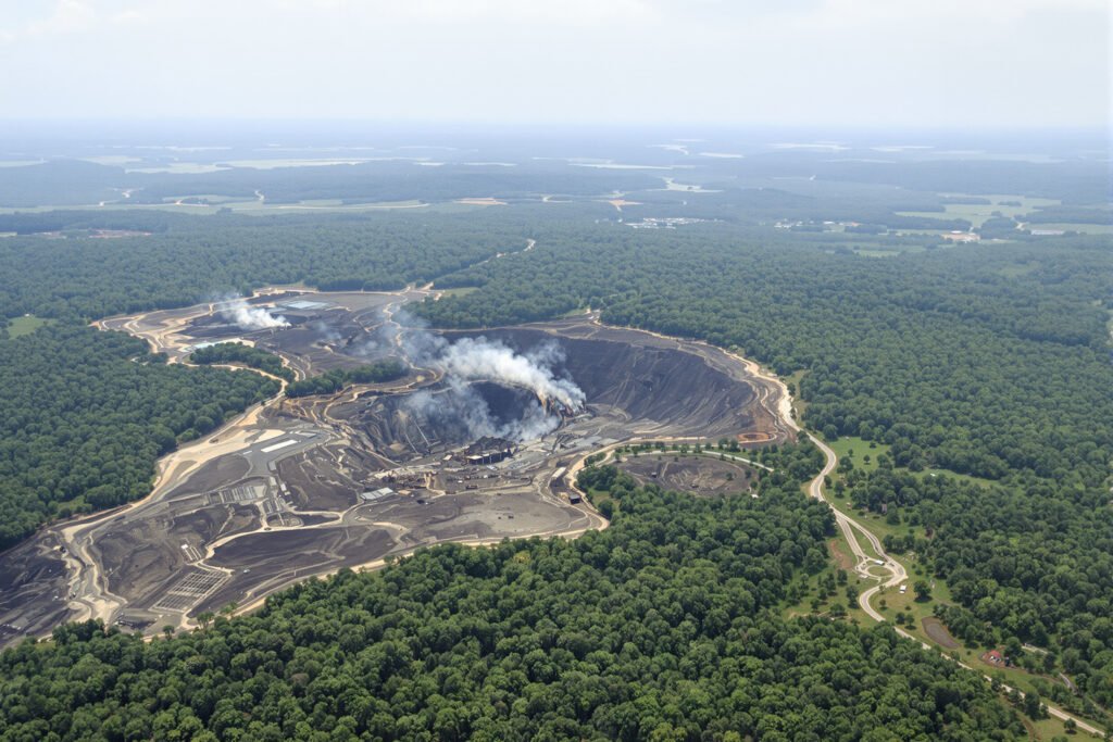 Vista aérea de la devastación por minería ilegal en la Amazonía peruana, con pozas marrones rodeadas de bosque.