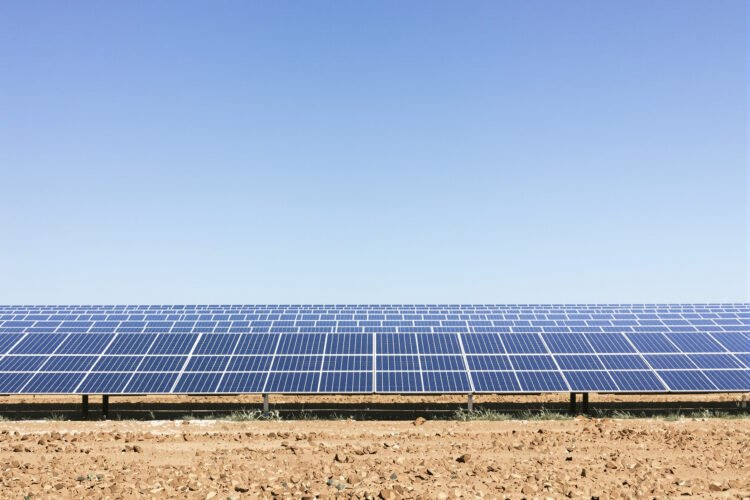 Campo de paneles solares fotovoltaicos bajo cielo despejado en Argentina.