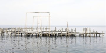 Estructura flotante de bambú sobre el agua en ambiente marino, plataforma solar offshore en China.