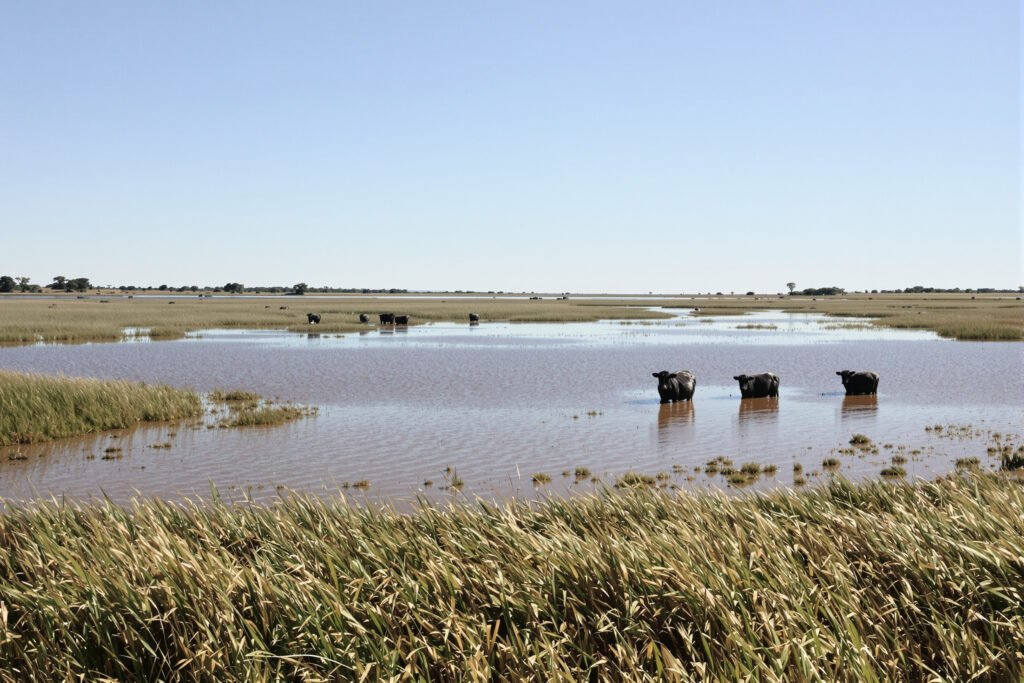 Campo ganadero inundado en la región del litoral argentino, zona de alto riesgo hídrico para el ganado bovino.