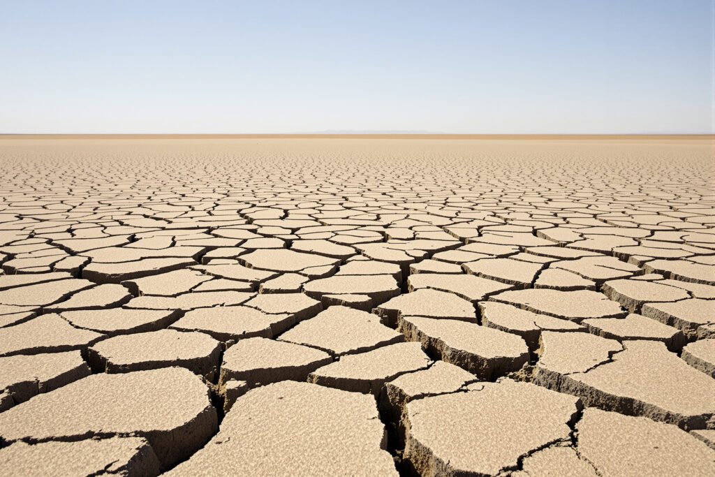 Tierra agrietada por sequía en campo español bajo cielo despejado, evidencia del récord térmico de septiembre 2026.