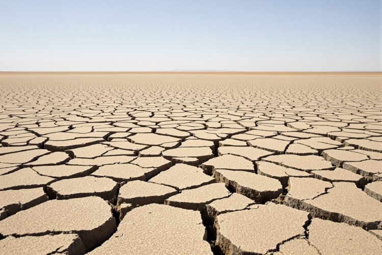 Tierra agrietada por sequía en campo español bajo cielo despejado, evidencia del récord térmico de septiembre 2026.