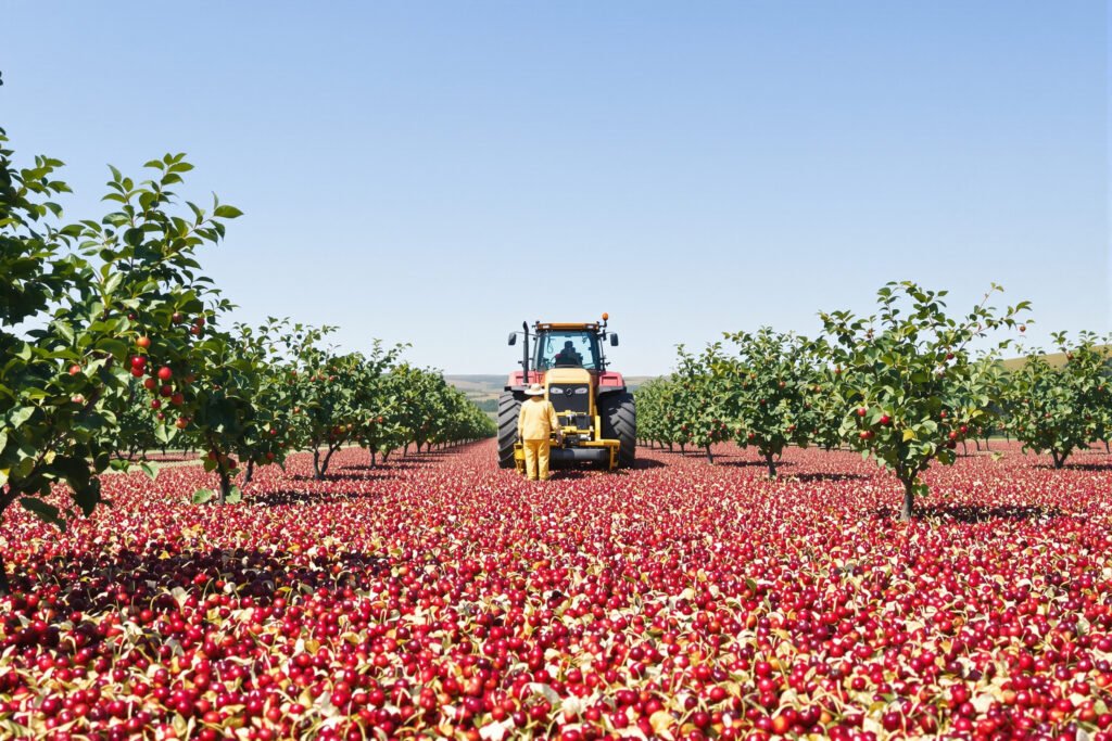 Plantación de cerezos en Sudáfrica durante la cosecha, representando la nueva competencia frutícola en el mercado asiático.