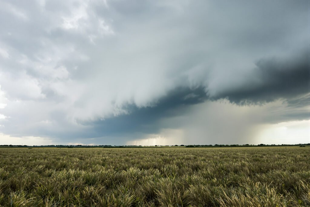 Nubes de tormenta sobre campo argentino durante evento de El Niño con precipitaciones intensas.