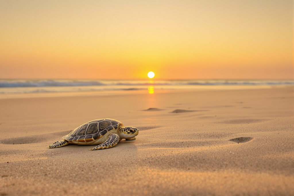 Tortuga marina sobre la arena de una playa al atardecer, escena típica de anidación costera.